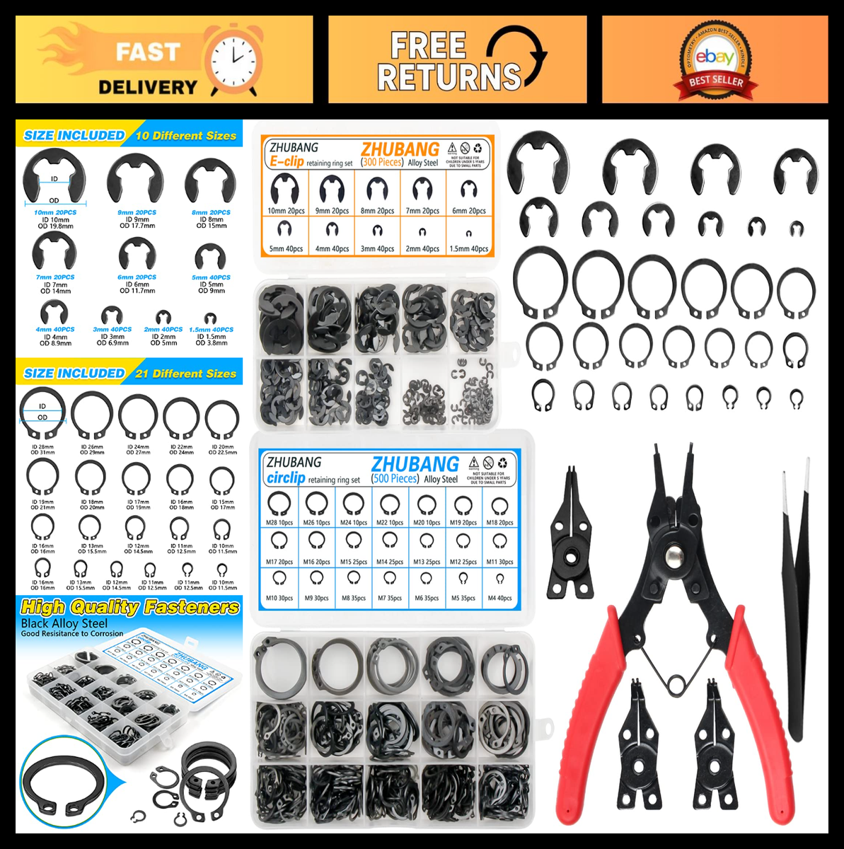 bluecatページ　クリップ 800Pcs C-Clip & E-Clip Assortment Kit with Snap Ring Plier