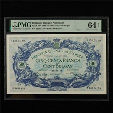 1938-43 Belgium Banque Nationale 500 Francs-100 Belgas Pick#109 PMG 64 EPQ UNC