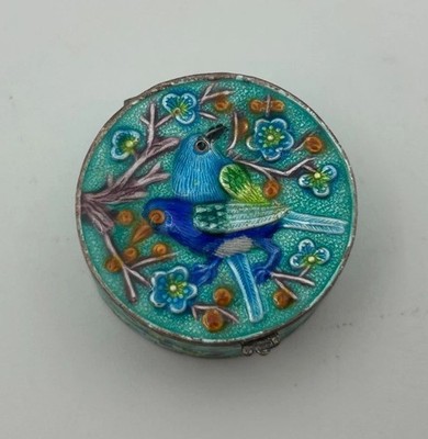 Vintage Sterling Silver Blue Enamel Hinged Trinket Pill Box Birds