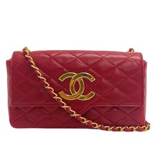 Chanel Single Flap Double Chain Matelasse Coco Mark Lambskin Shoulder Bag Red