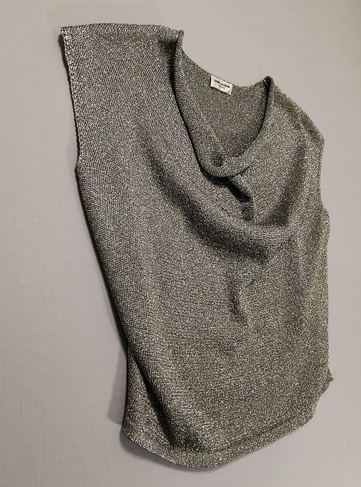 Top smanicato YSL Yves saint Laurent argento metallizzato copertura media camicia PRITINE