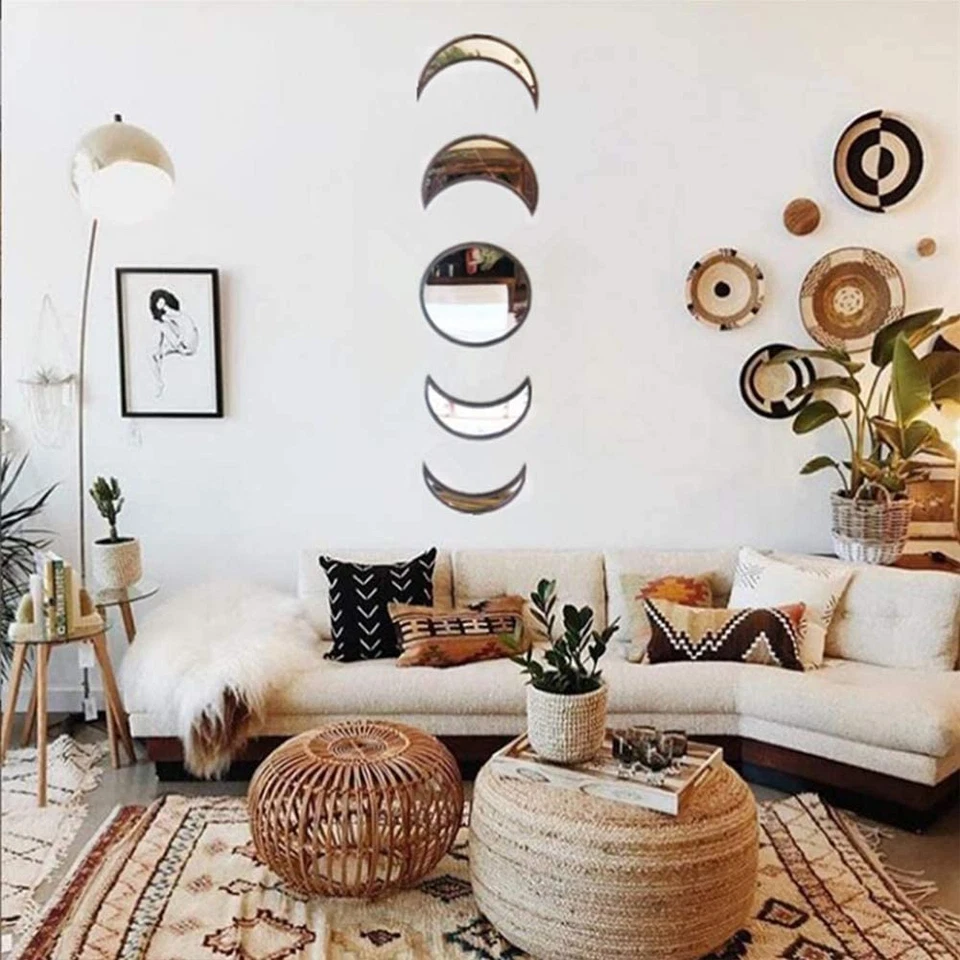Espejo acrílico decoración pared fase lunar escandinavo 5 piezas decoración bohemia hogar Foto 4 de 4