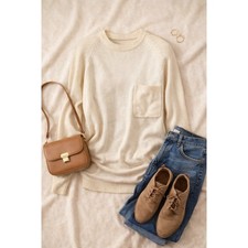 Vintage Cream Pocket Sweater Small Minimalist Ivory Knit Crewneck Retro Classic