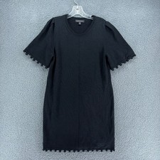 Banana Republic Shift Dress Womens M Black Pom Pom Hem Knit Short Sleeve Summer