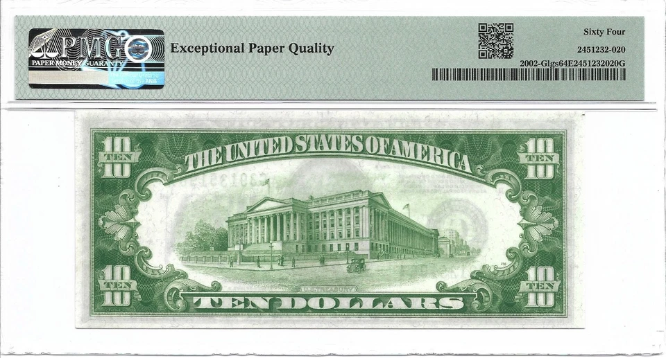 1928B $10 CHICAGO FRN. PMG Choice Uncirculated 64 EPQ Banknote. Light Green - Image 2 of 2