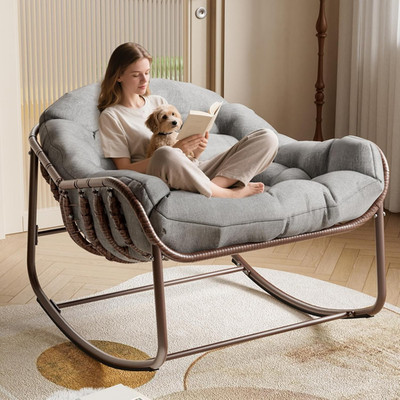 Outdoor Papasan Rocking Chair, Oversized Wicker Lounge Chair with Cushion and Me