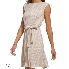 DKNY Size 6 Cream & Gold Pleated Belted Shimmer  Fit and Flare Dress 