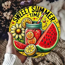 1pc "Sweet Summer Time" Round Iron Sign, Tin Metal Signs 8x8 inches, Retro Vibra