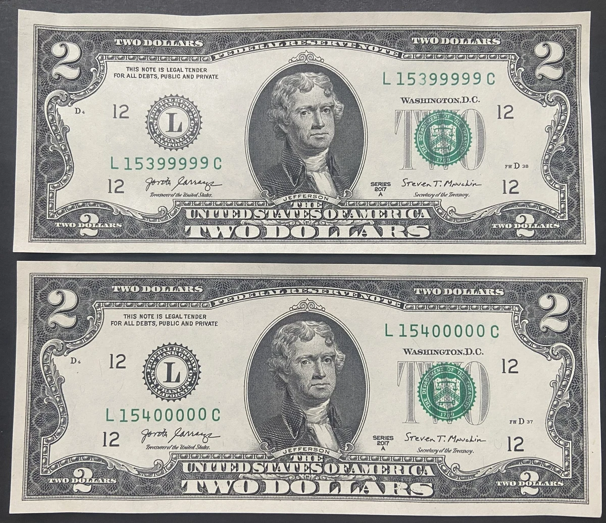 2017A FRN $2 2ドル紙幣 ミネアポリス、レーダーシリアル番号 I03777730A、UNC Uncirculated $2 2017 US