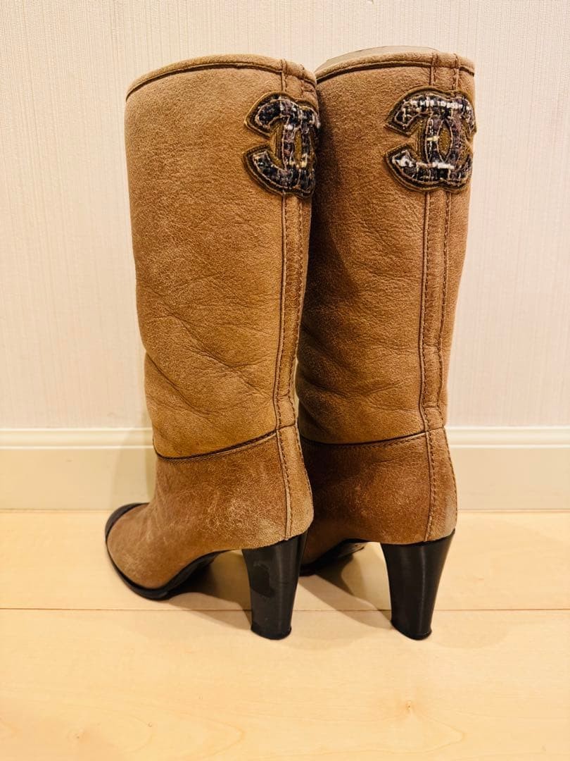 CHANEL Boots Shoes Cocomark EU 36 US 6 Suede Boa Brown Authentic