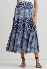 Lauren Ralph Lauren Patchwork Cotton Floral Tiered Skirt, Blue/Multi, Size 10