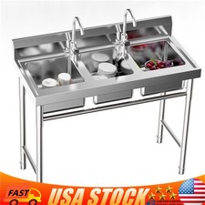 3-Compartment Sink Bowl Kitchen Stainless Steel Catering Prep Washing Sink