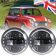 Pair 7" Round LED Headlight  For Classic Rover Mini Austin Hi/Lo Beam Halo Angle