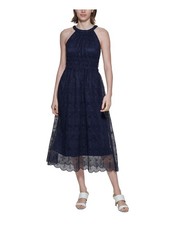 CALVIN KLEIN Womens Zippered Sleeveless Halter Tea-Length Fit + Flare Dress
