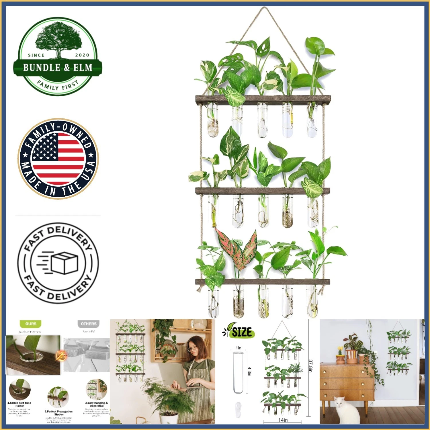 Wall Hanging Propagation Station with 5 Glass Tubes and Wooden Stand Decor