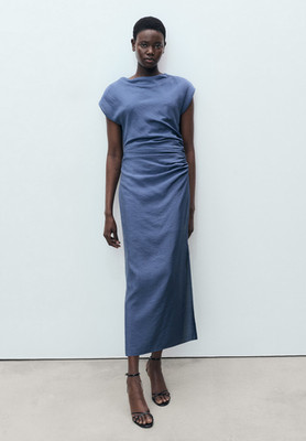 NWT MANGO MNG $90 INDIGO BLUE DRAPED STRAIGHT DRESS SZ S US 4