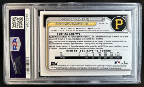 2024 Bowman Draft Konnor Griffin Chrome Refractor 1st #BDC-22 Pirates PSA 10 - Picture 2 of 2