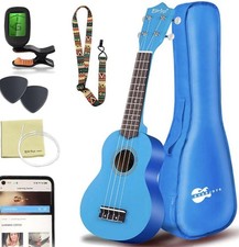 Everjoys blau 21" Ukulele mit Gigbag, Stoff, Plektren, Gurt & Tuner