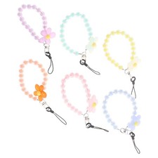 6 Pcs Phone Charm Bracelet Lanyard Beaded Wrist Strap With Flower Pendant