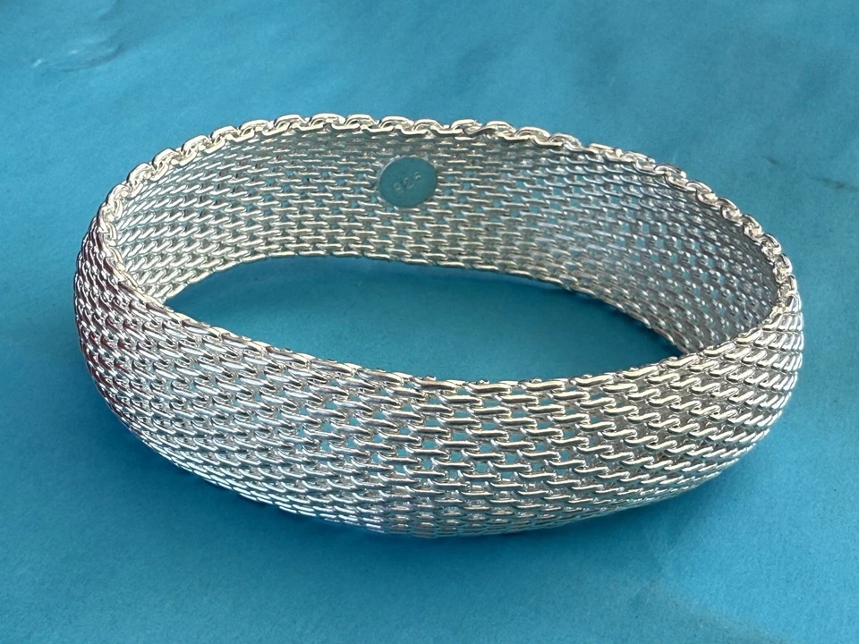 "Brazalete brazalete de malla ancha de plata de ley 925 de 19 mm de 7,5"" alrededor" Foto 2 de 2
