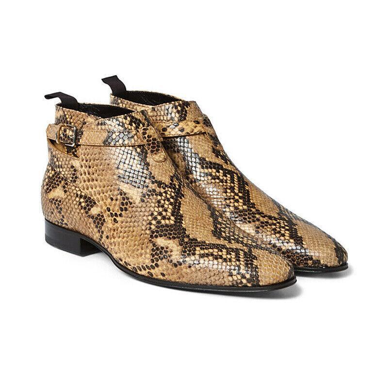 Men's Pointy Toe Snakeskin Print Leather Chelsea Boots with Buckle