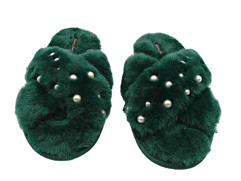 Victoria's Secret Green Slippers Womens Small Faux Fur Slides Pearl Accents Soft - Image 2 of 4
