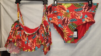 New SEXY LARGE Sunn Swim Lab Red Hawaiian two-piece ruffle Bikini HIGH waist 