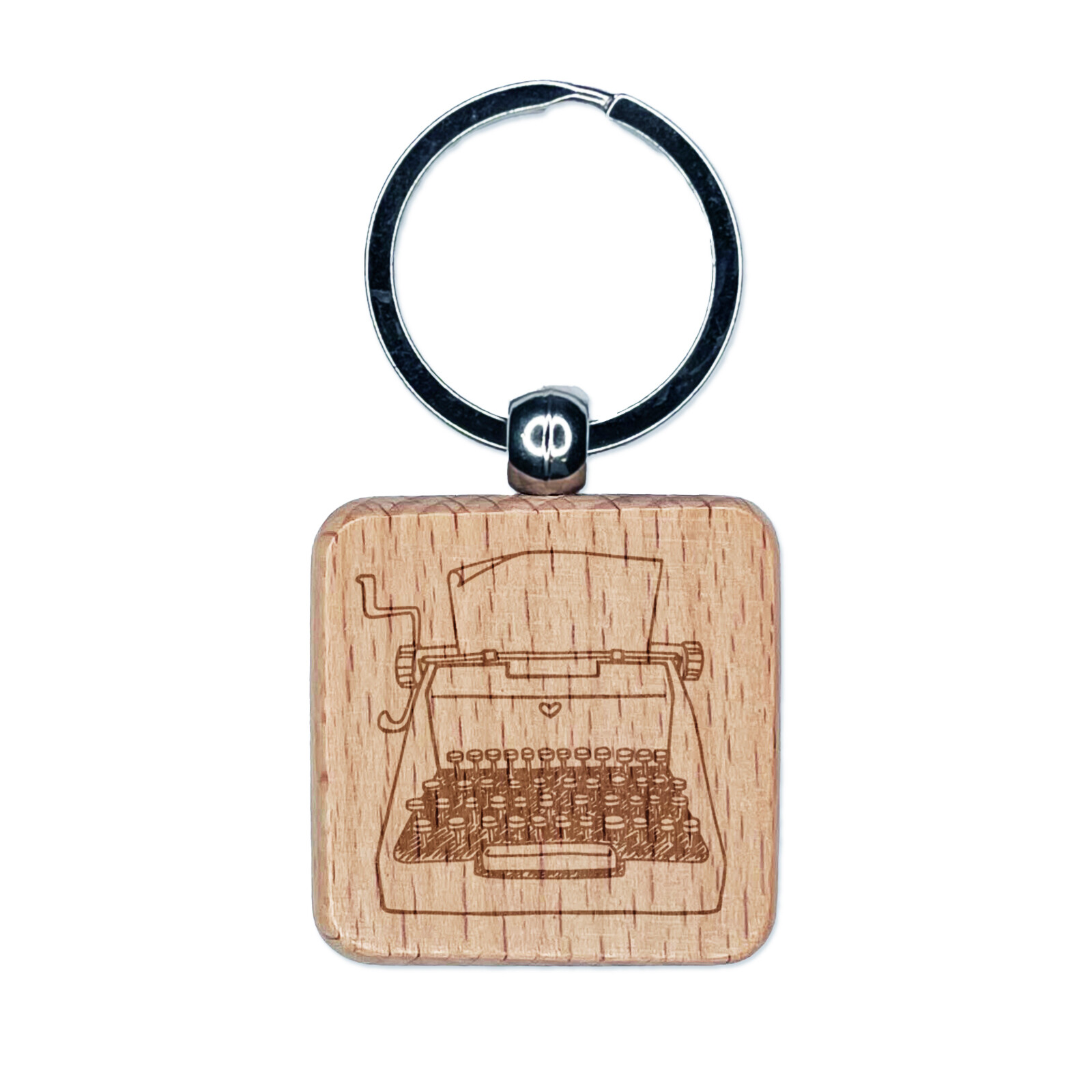 Vintage Typewriter Engraved Wooden Keychain with Blank Paper