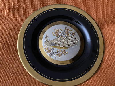 24KT Peacock Theme 6-1/4  Chokin Plate -- Gold on Black
