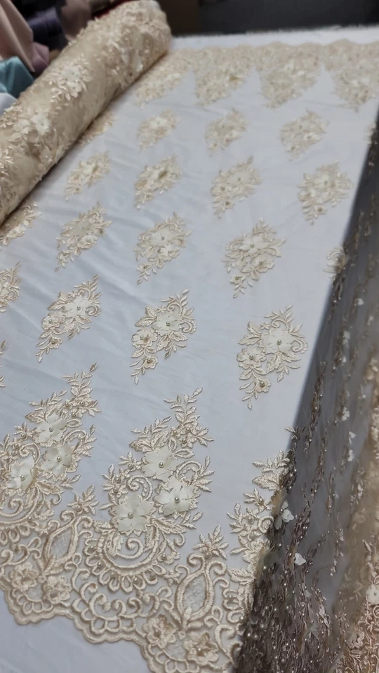 Champagne Lace Fabric By The Yard 3d Floral Flower Embroidered on Mesh For Dress - Image 4 of 4