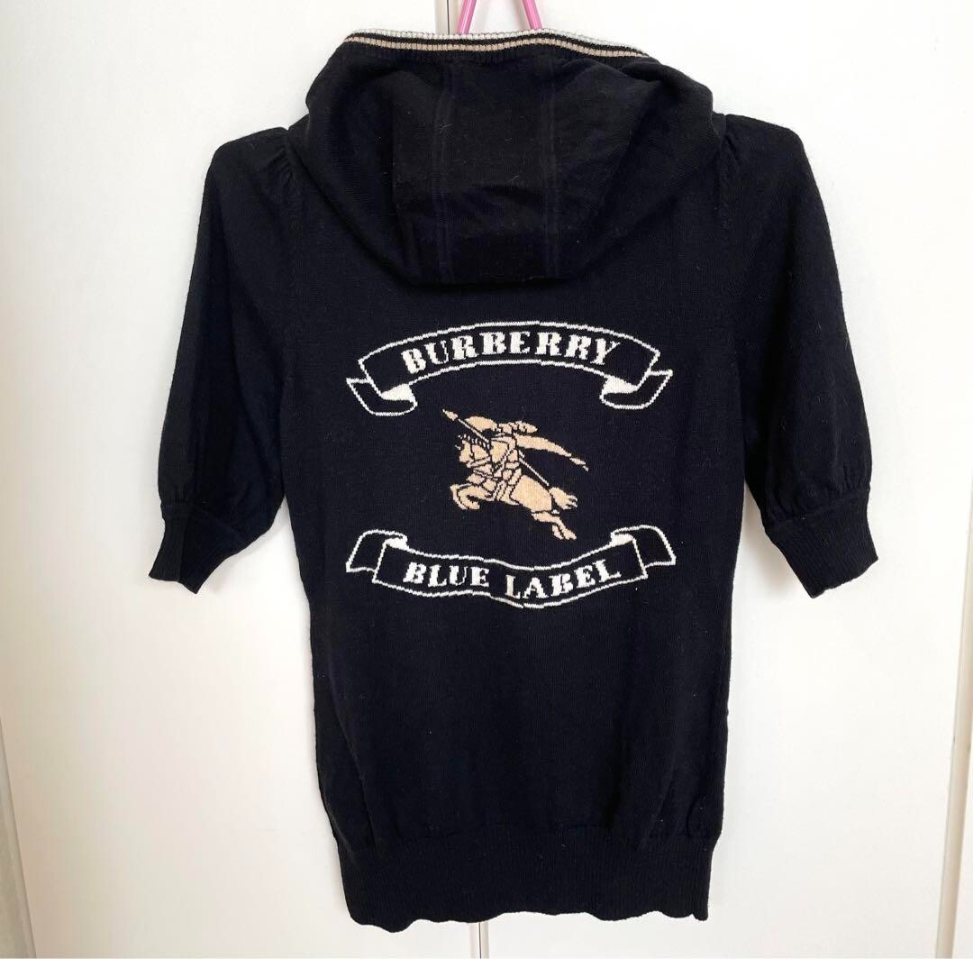 BURBERRY BLUE LABEL◆ロゴ/ニット/半袖/ジップパーカー/38/コットン/BLK/無地/FB521-215-09 BURBERRY BLUE LABEL バーバリー 半袖パーカー 38 ネイビー