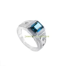 Natural London Blue Topaz & CZ Gemstone 925 Sterling Silver Ring for Men's #A322