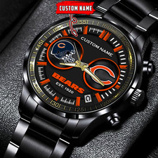 Chicagos Team Bears Football Black Stainless Steel Watch With Full Box