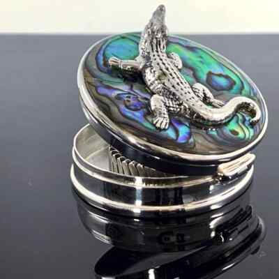 Alligator Krokodil Pillendose 925 Sterling Silber besetzt mit Abalone Muschel