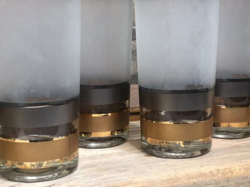 Vtg MCM Culver Glassware Glasses Tumbler Set of 4 Frosted 22k Gold Trim Barware - Picture 2 of 5