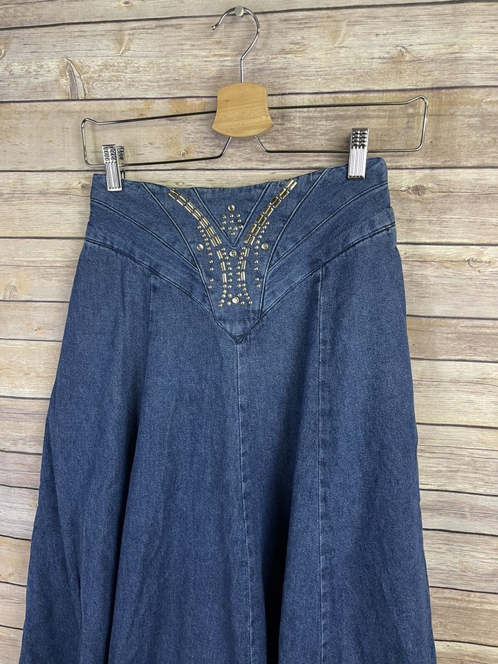Vintage 80s City Girl Sport Size 6 Blue Denim Bedazzled A Line Skirt