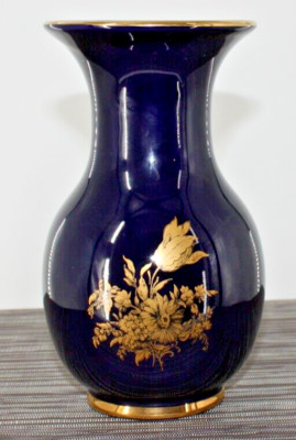 Vintage Echt Kobalt Colbalt Blue Vase With Gold Floral Design