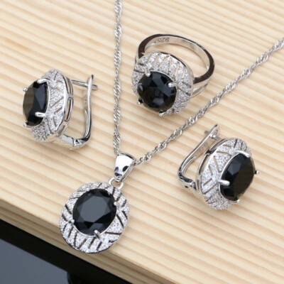 925 Silver Oval Drop Black Onyx Ring Earrings Pendant Necklace Statement Set