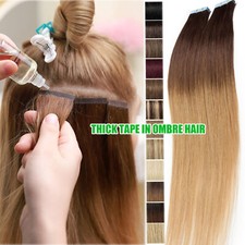Thick 150G 60PCS Tape In Remy Human Hair Extensions Full Head Skin Weft Ombre US