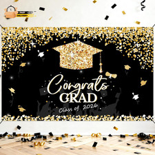Graduation Decorations 2026 - Black and Gold Graduation Backdrop and Congrats G