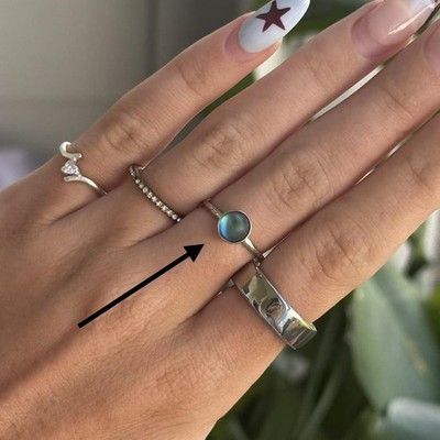 925 Sterling Silver Iridescent Gem Bezel Ring Size 6.5