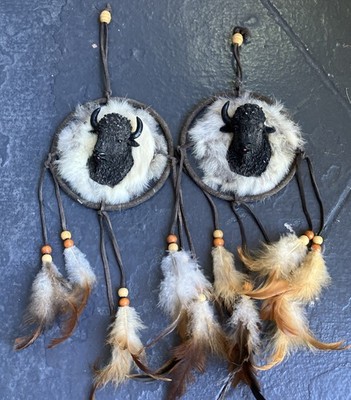 2 Native American Style Dream Catcher Leather Fur Bison Buffalo Tribal VTG 5.5 