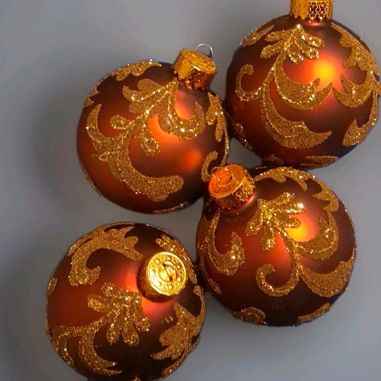 Luxury Set of 4 Vintage Gold & Bronze Glass Christmas Ornaments