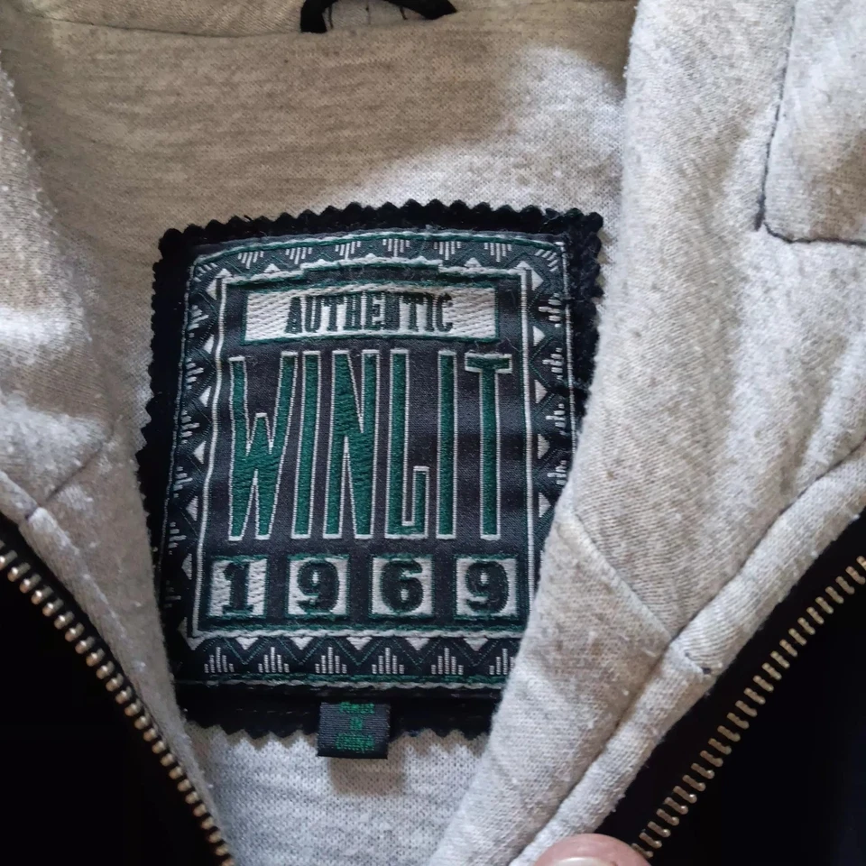 Autêntica Jaqueta Winlit 1969 Masculina M Couro de Cor Escura com Zíper Bolsos com Capuz  - Imagem 4 de 4