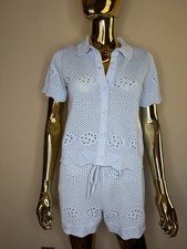 JustFab Crochet 2 Piece Set Skyway Blue Button Top Shorts NWOT Size Small