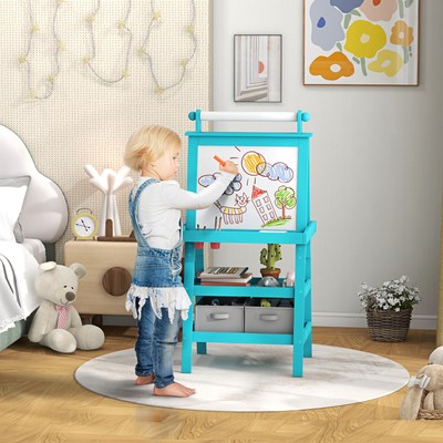 Easel for Kids w/ Paper Roll, Whiteboard Chalkboard, Blue
