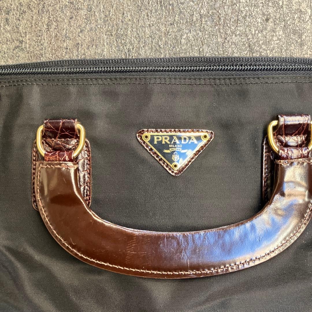 PRADA Tessuto Nylon Croc Embossed Leather Handle Tote Bag Black Vintage Used thumbnail 3