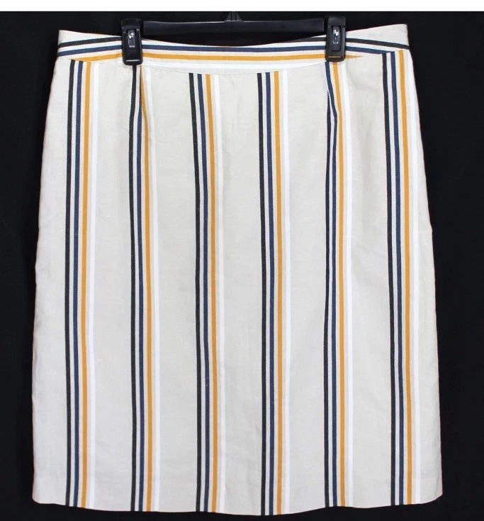 WhoWhatWear Linen Blend Skirt Womens 14W Ivory Yellow Blue Stripe Back Pleats