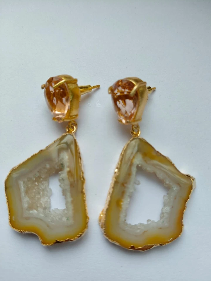 Druzy Slice Earring,Hydro Quartz Earring,Geode Fashion Jewelry,Gold Edge Earring - Image 2 of 4