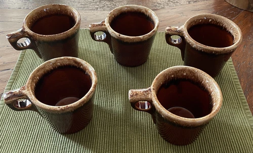 5 Vintage Hull Oven Proof Brown Drip Glaze 10 OZ Coffee Cocoa Tea Mugs Cups USA